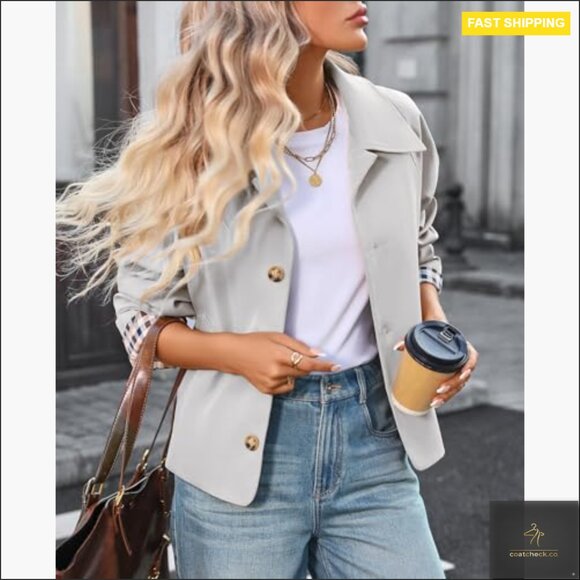 Cropped Trench Coat Lightweight Loose Fit Long Sleeve Single Breasted - Picture 4 of 7